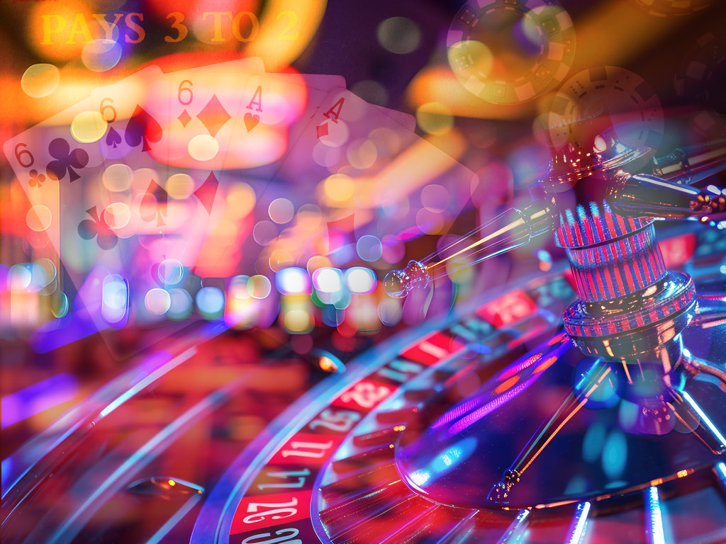 Composición de casino con una ruleta iluminada en tonos vibrantes, fichas de apuestas, y cartas de blackjack mostrando 6 y As, destacando la emoción y variedad de juegos de azar en el casino online.