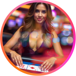 Mujer crupier profesional en un casino en vivo, con cartas en la mesa y luces brillantes de fondo, representando la experiencia de un casino online real.