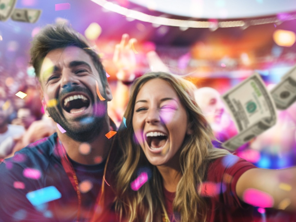 Pareja celebrando ganancias en apuestas deportivas, representando la emoción de jugar en plataformas como GalloPlay.